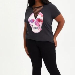 Torrid Black Pink Skull Graphic Cut Out Tee